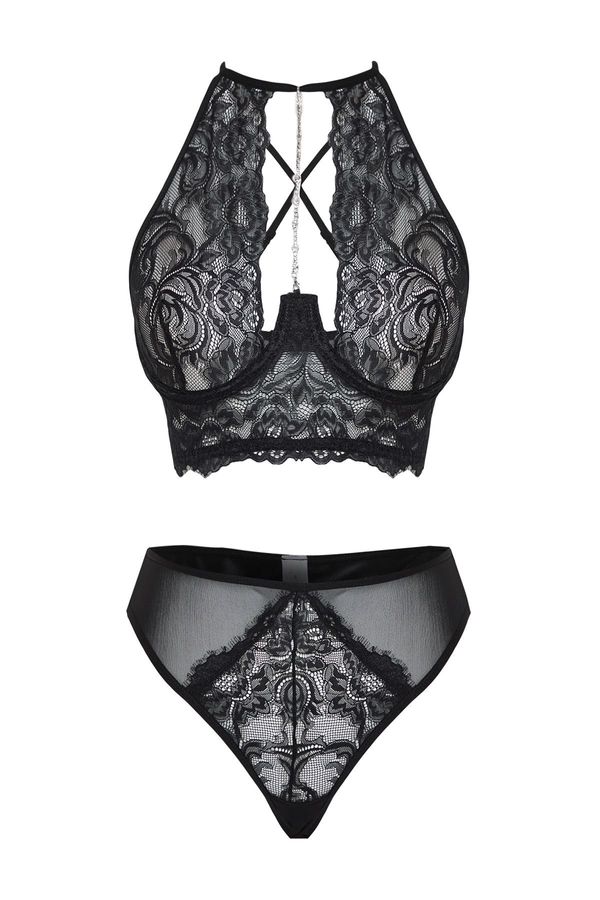 Trendyol Trendyol Black Lace Openwork/Hole Stone Accessory Detailed Uncovered Knitted Underwear Set