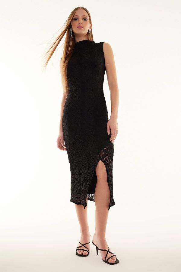 Trendyol Trendyol Black Lace Zero Sleeve Fitted/Sleeping Elastic Knitted Midi Dress