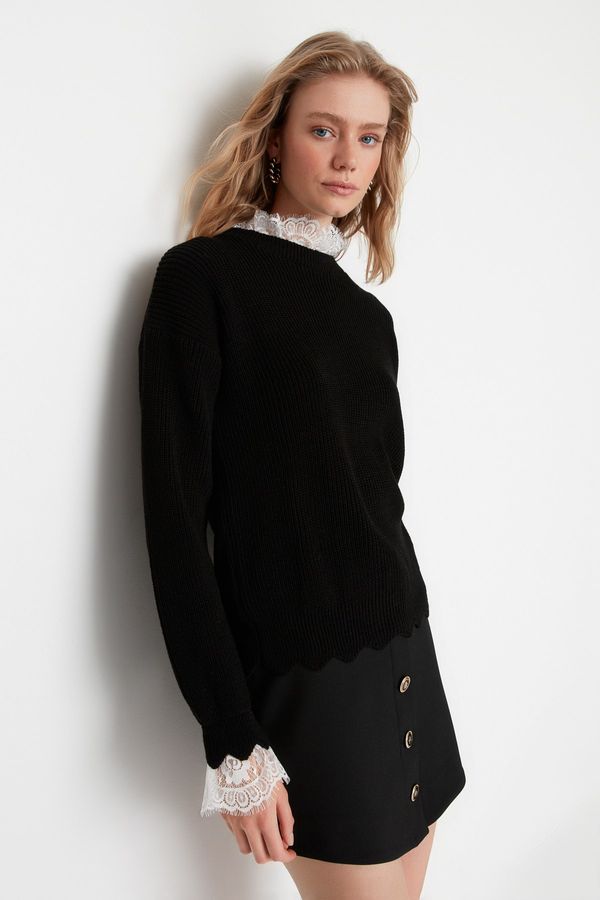 Trendyol Trendyol Black Lace/Tulle Woven Garnished Knitwear Sweater