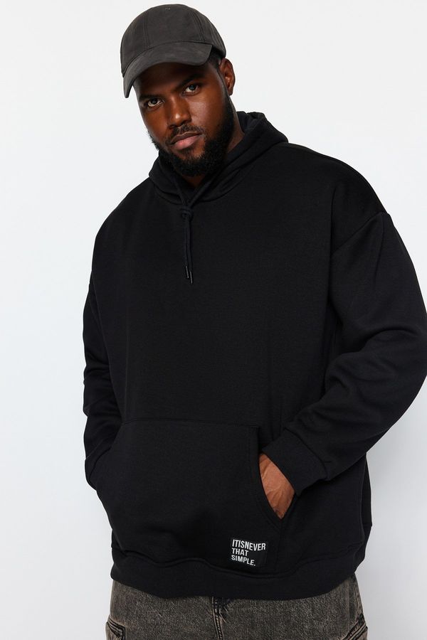Trendyol Trendyol Black Large Size Basic Comfortable Hooded Labeled Cotton Sweatshirt