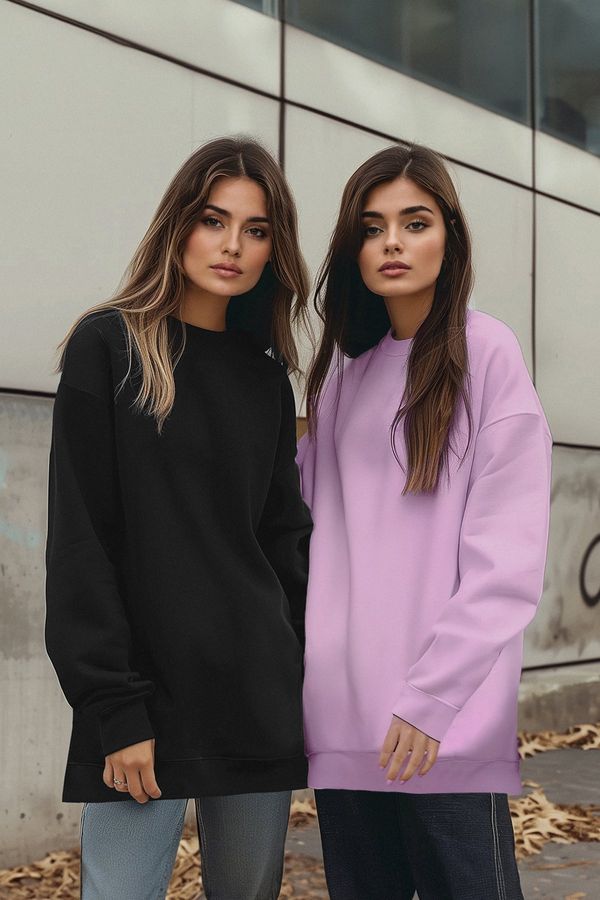 Trendyol Trendyol Black-Lilac 2-Pack Crew Neck Basic Knitted Sweatshirt