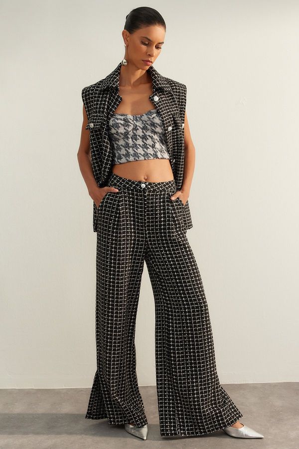 Trendyol Trendyol Black Limited Edition Palazzo/Extra Wide Leg Tweed Plaid Woven Trousers