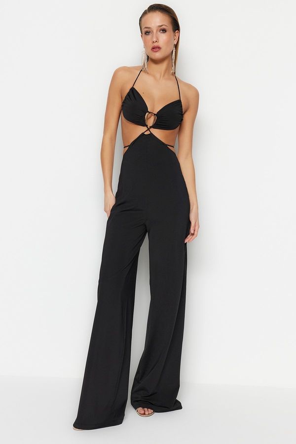Trendyol Trendyol Black Lined Knitted Jumpsuit with Window/Cut Out Detail, biased