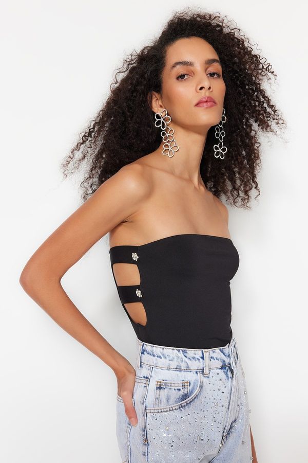 Trendyol Trendyol Black Lined Knitted Snaps Shiny Stone Bodysuit