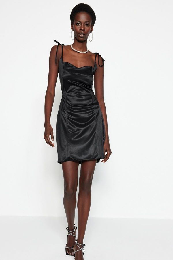 Trendyol Trendyol Black Lined Knitted Tied Satin Evening Dress