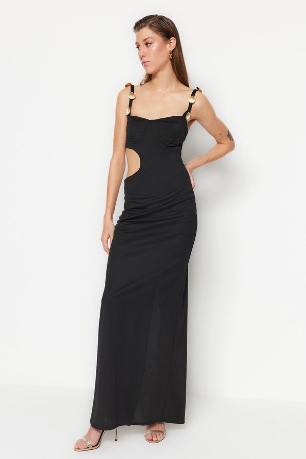 Trendyol Trendyol Black Lined Long Evening Evening Dress With Woven Accessory Window/Cut Out Detail
