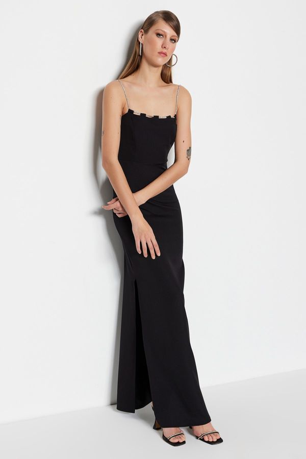 Trendyol Trendyol Black Lined Woven Shiny Stone Long Evening Evening Dress