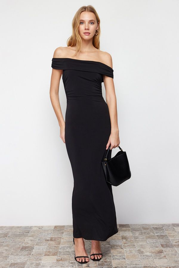 Trendyol Trendyol Black Maxi Fitted Carmen Neck Stretchy Knitted Maxi Dress