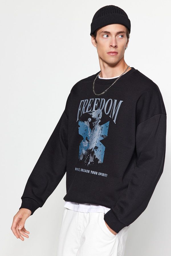 Trendyol Trendyol Black Men's Oversize/Wide-Fit Crew Neck Printed Fleece Interior Cotton Sweatshirt.