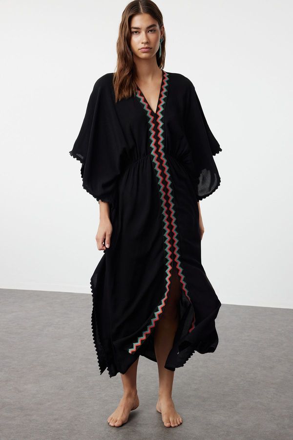 Trendyol Trendyol Black Midi Beach Dress with Woven Stripe Accessories