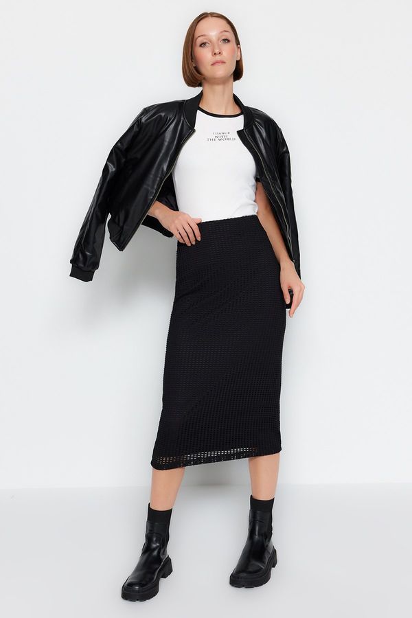 Trendyol Trendyol Black Midi Lined Mesh Fabric High Waist Knitted Skirt