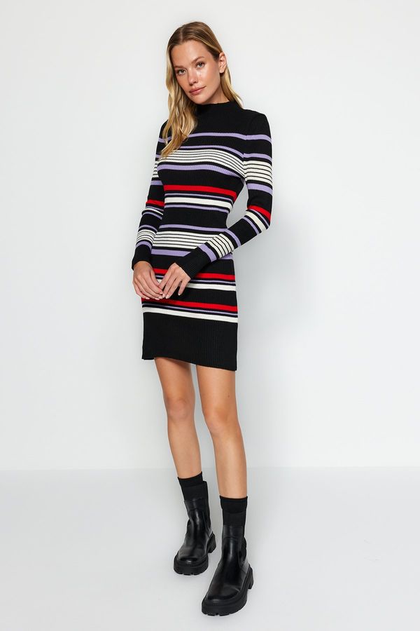 Trendyol Trendyol Black Mini Knit Color Block Stand Collar Dress