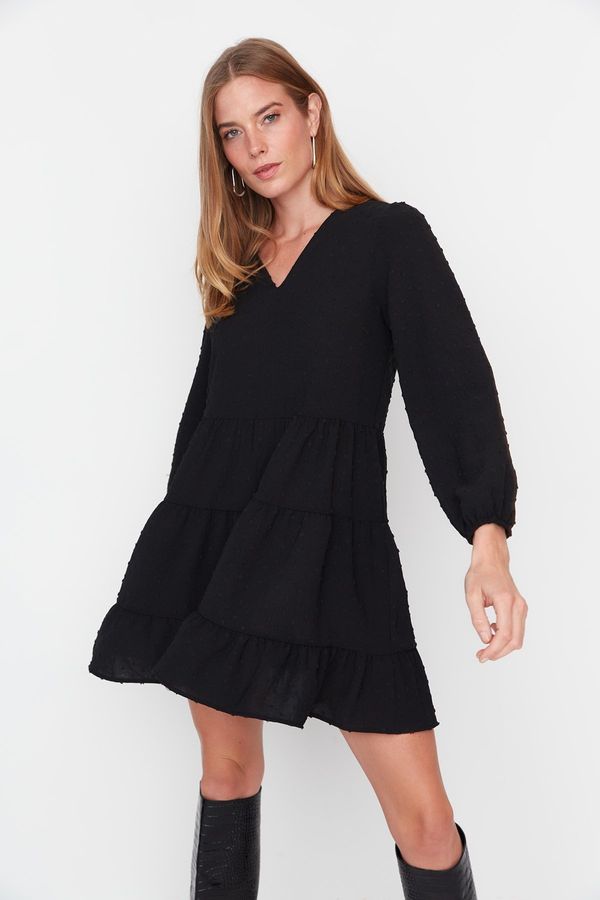 Trendyol Trendyol Black Mini Wide Cut Textured Flounce Lined Woven Dress