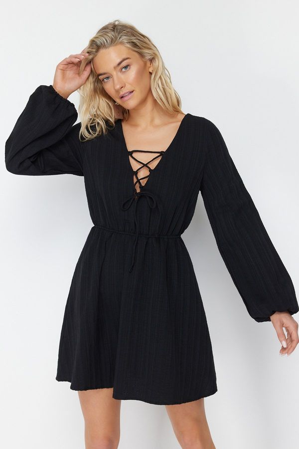 Trendyol Trendyol Black Mini Woven Tie Linen Blended Beach Dress