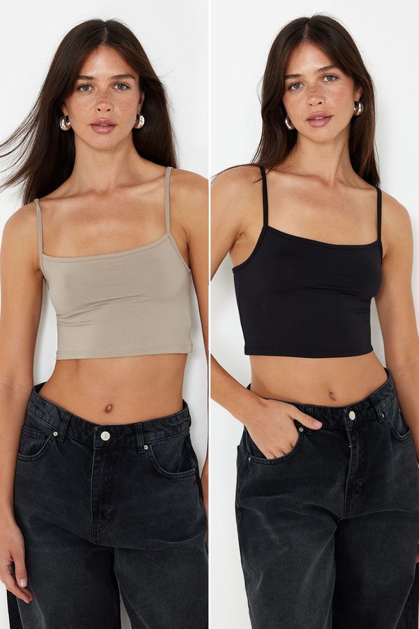 Trendyol Trendyol Black-Mink 2 Pack Polyamide Content Strappy Crop Fitted Flexible Knitted Undershirt