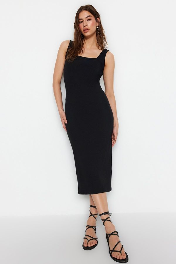 Trendyol Trendyol Black More Sustainable Fitted Square Neck Strap Ribbed Mini Stretch Knitted Dress