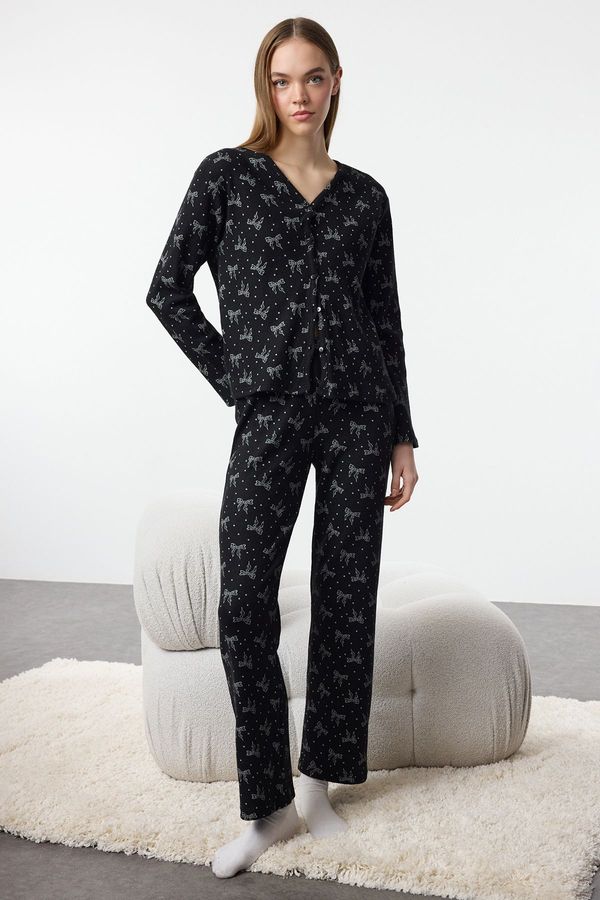 Trendyol Trendyol Black-Multicolored Brushed Soft Ribbon/Bow Tie Ribbed Cardigan Knitted Pajama Set