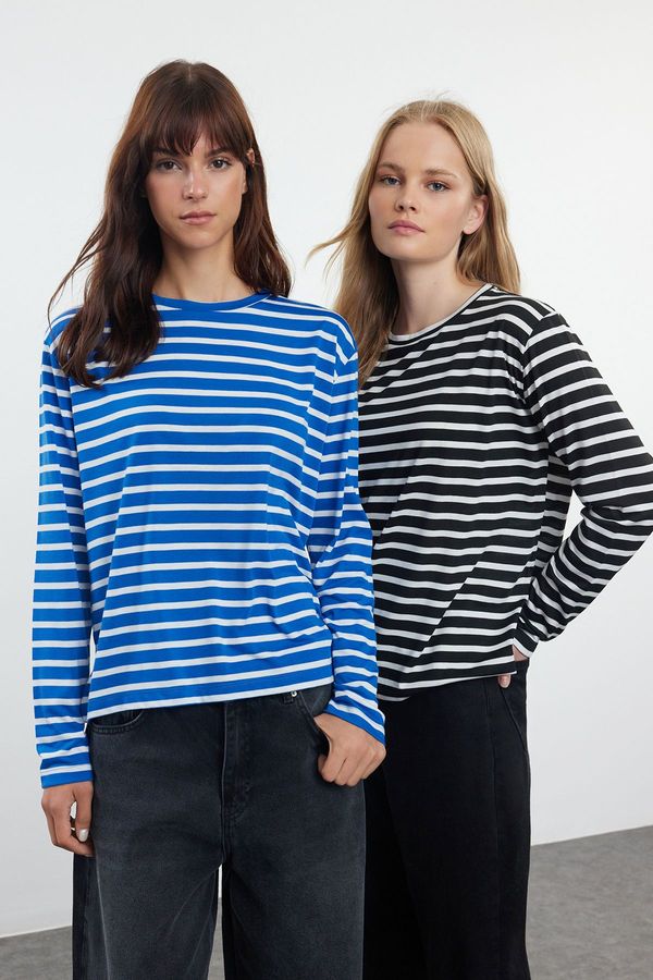 Trendyol Trendyol Black-Navy Blue 2 Pack Striped Regular/Normal Pattern Knitted T-Shirt