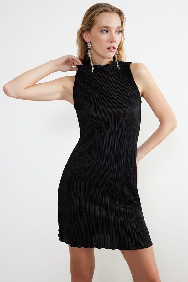 Trendyol Trendyol Black Open Waist/Skater Knitted Lined Pleated Elegant Evening Dress