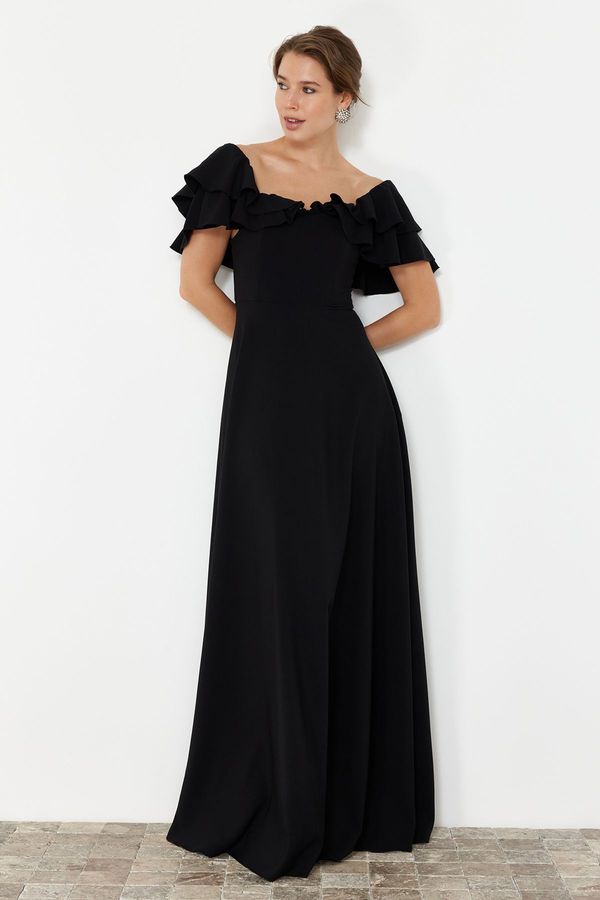 Trendyol Trendyol Black Open Waist/Skater Woven Flounce Long Evening Evening Dress