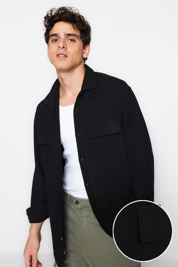 Trendyol Trendyol Black Oversize Fit Linen Textured Double Pocket Jacket Shirt