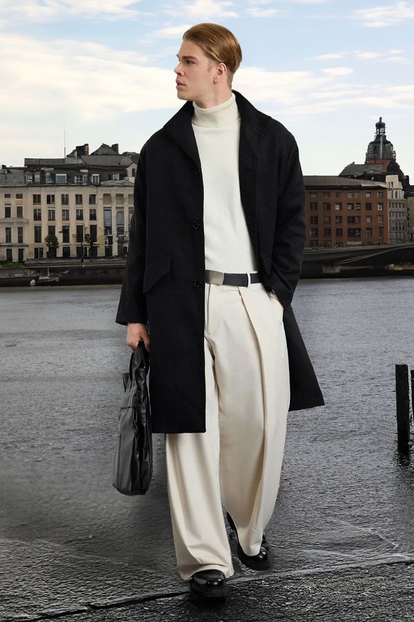 Trendyol Trendyol Black Oversize Fit Stand Collar Long Stash Winter Coat