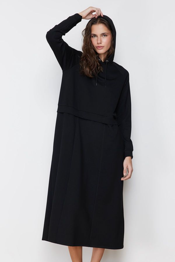 Trendyol Trendyol Black Oversize Hooded Knitted Sweatshirt Dress