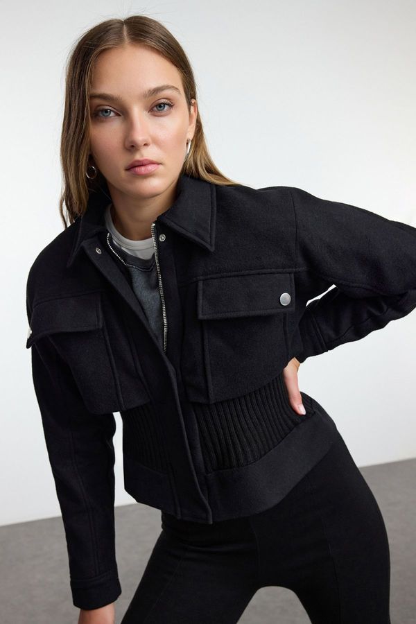 Trendyol Trendyol Black Oversize Pattern Waist Knitwear Detailed Cashmere Thin Jacket Coat