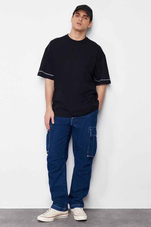 Trendyol Trendyol Black Oversize Sleeves Stitch Detail 100% Cotton T-Shirt