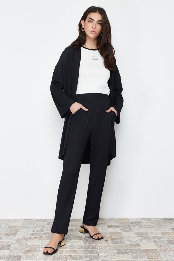 Trendyol Trendyol Black Oversize Textured/Creamy Knitted Kimono Trousers Top-Bottom Set