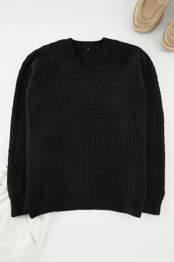 Trendyol Trendyol Black Oversize V Neck Hair Knit Sweater