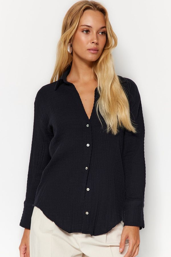 Trendyol Trendyol Black Oversize Wide Fit Muslin Fabric Woven Shirt