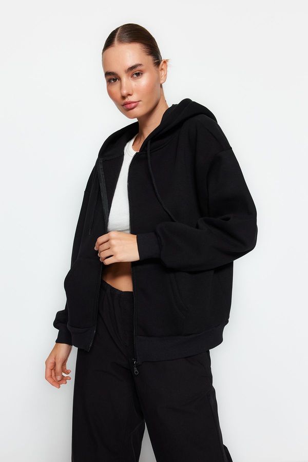 Trendyol Trendyol Black Oversize/Comfortable Fit Basic Hooded Knitted Sweatshirt with Fleece Inside
