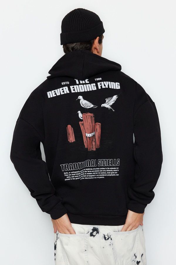 Trendyol Trendyol Black Oversize/Wide Cut Animal Printed Cotton Sweatshirt with Fleece Inside