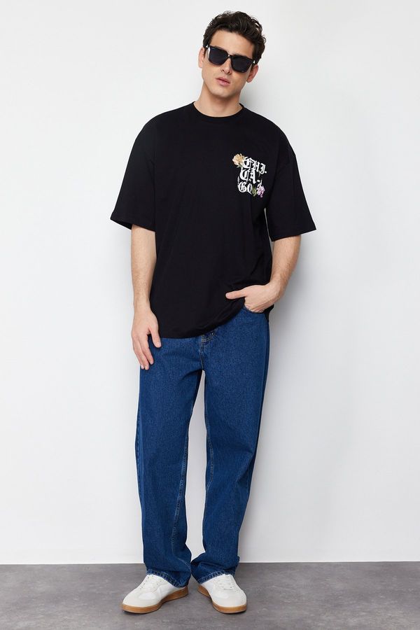 Trendyol Trendyol Black Oversize/Wide Cut Chicago City Printed 100% Cotton Short Sleeve T-Shirt