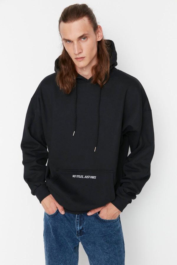 Trendyol Trendyol Black Oversize/Wide Cut Fit Hooded Text Printed Sweatshirt