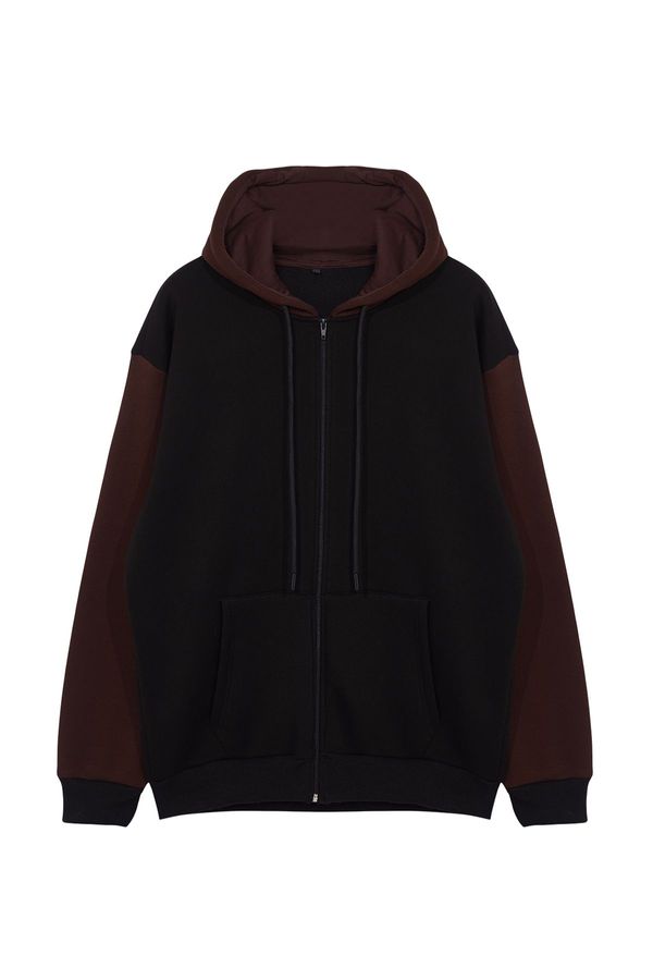 Trendyol Trendyol Black Oversize/Wide Cut Hooded Color Blocked Zippered Cardigan/Sweatshirt with Fleece Inside