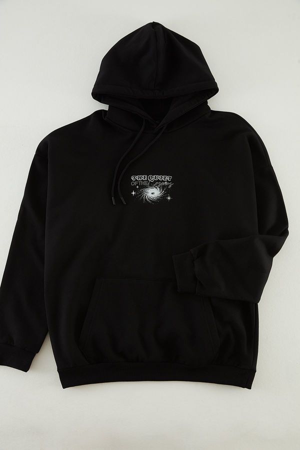 Trendyol Trendyol Black Oversize/Wide Cut Hooded Fleece Inside Space Back Printed Sweatshirt