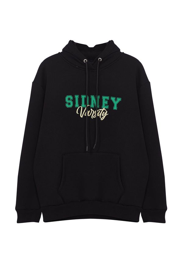 Trendyol Trendyol Black Oversize/Wide Cut Letter Printed Hooded Sweatshirt