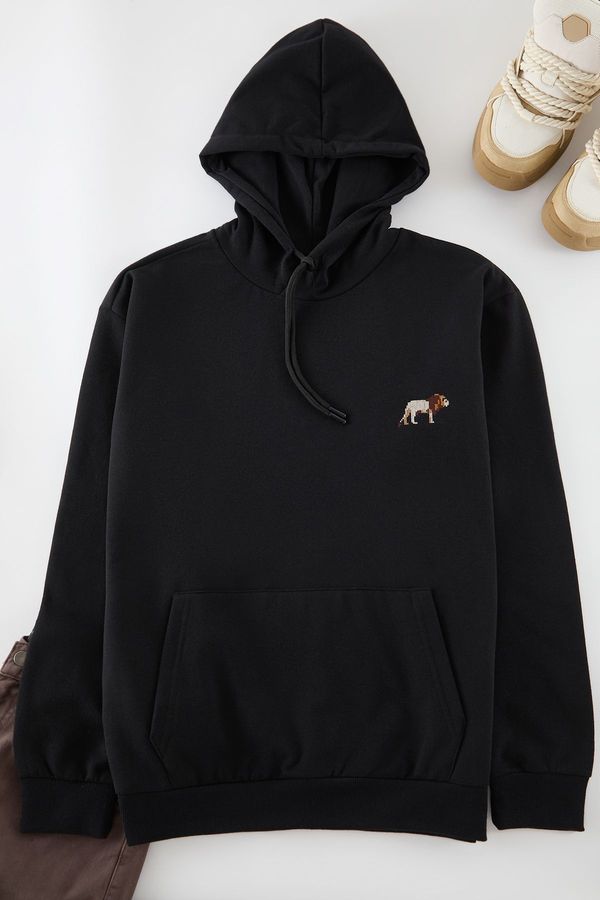 Trendyol Trendyol Black Oversize/Wide Cut Lion Embroidered Fleece Inside Hooded Sweatshirt