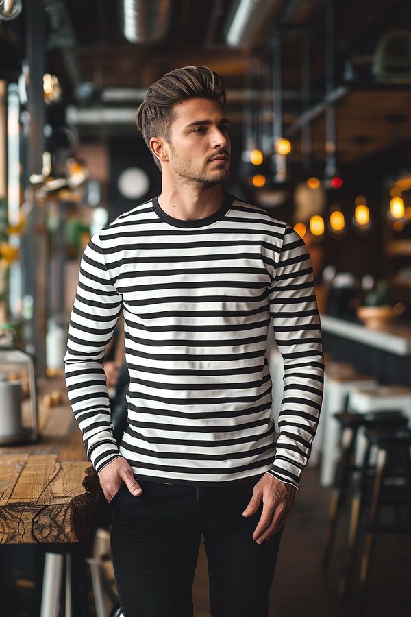 Trendyol Trendyol Black Oversize/Wide Cut Striped Crew Neck Long Sleeve Cotton T-Shirt