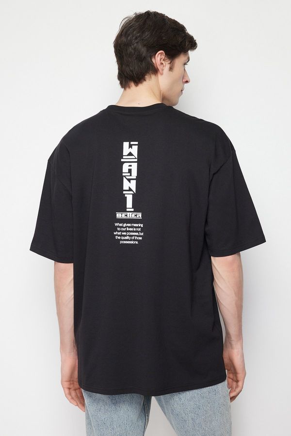 Trendyol Trendyol Black Oversize/Wide Cut Text Back Printed 100% Cotton T-shirt