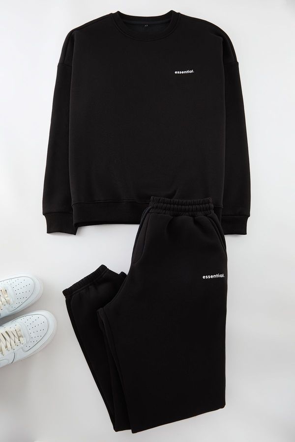 Trendyol Trendyol Black Oversize/Wide Cut Text Printed Fleece/Warm Tracksuit