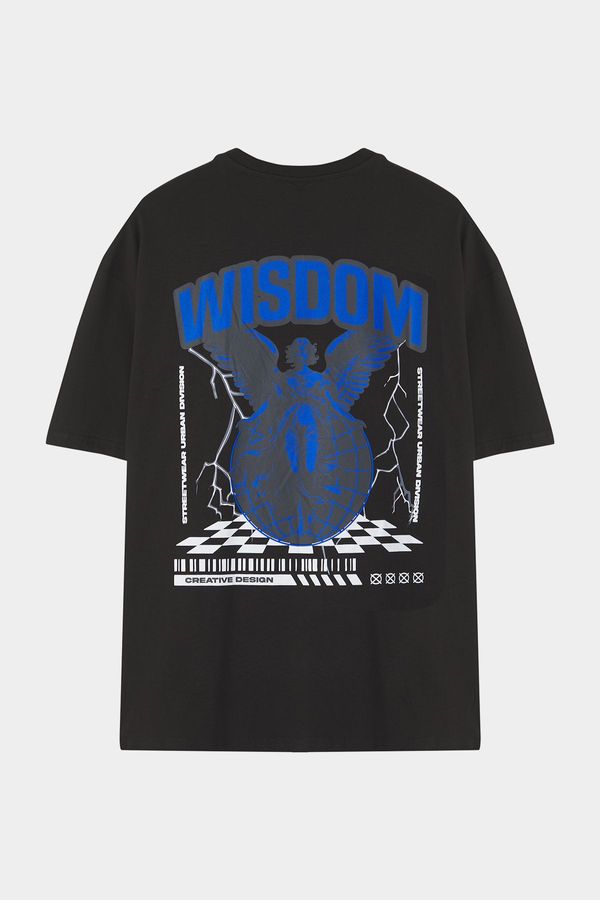 Trendyol Trendyol Black Oversize/Wide Cut Wizdom Back Printed 100% Cotton T-Shirt