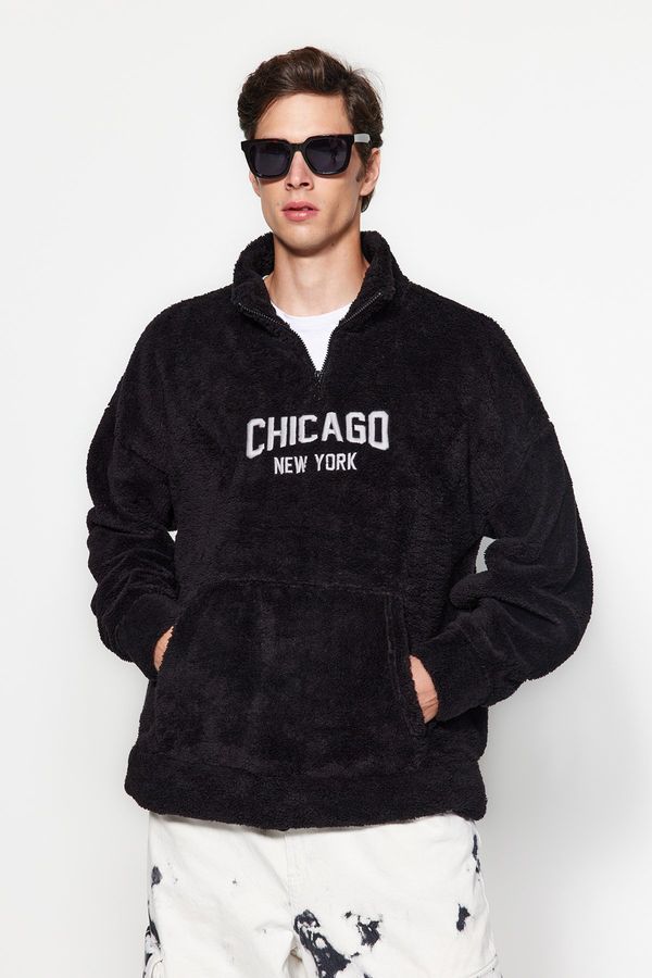 Trendyol Trendyol Black Oversize/Wide Cut Zippered City Embroidery Thick Fleece/Plush Sweatshirt