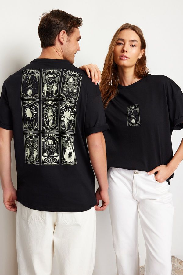 Trendyol Trendyol Black Oversize/Wide-Fit 100% Cotton Tarot Printed T-Shirt