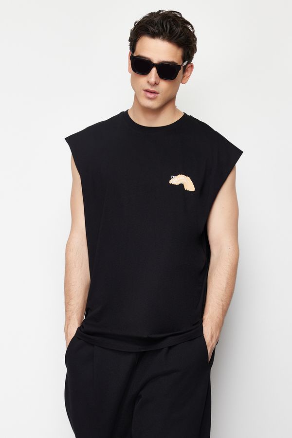 Trendyol Trendyol Black Oversize/Wide-Fit Crew Neck Text Printed 100% Cotton Undershirt