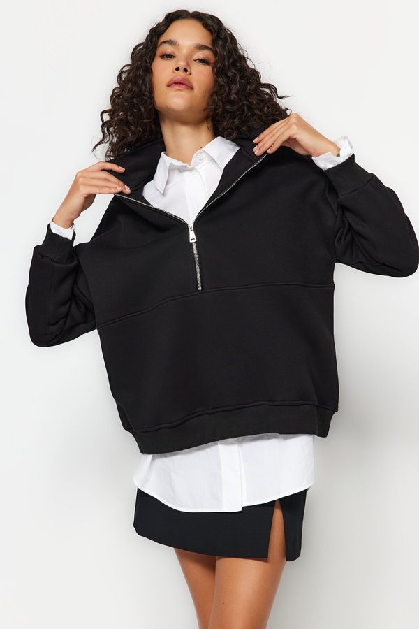 Trendyol Trendyol Black Oversize/Wide Fit Half Zipper Thick Inside Fleece Knitted Sweatshirt