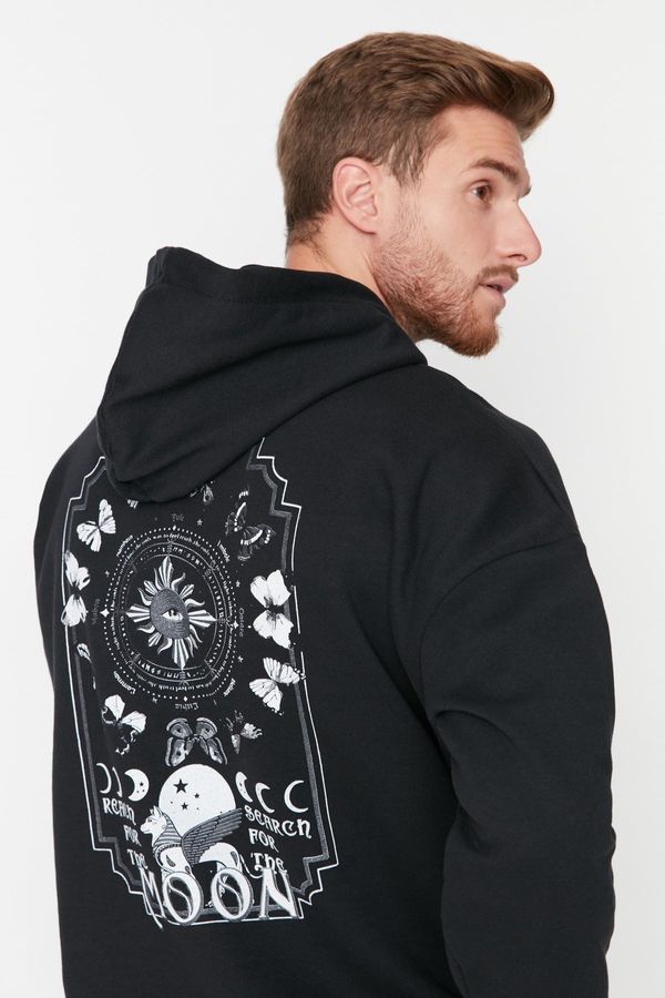 Trendyol Trendyol Black Oversize/Wide-Fit Hooded Space Printed Fleece Cotton Sweatshirt