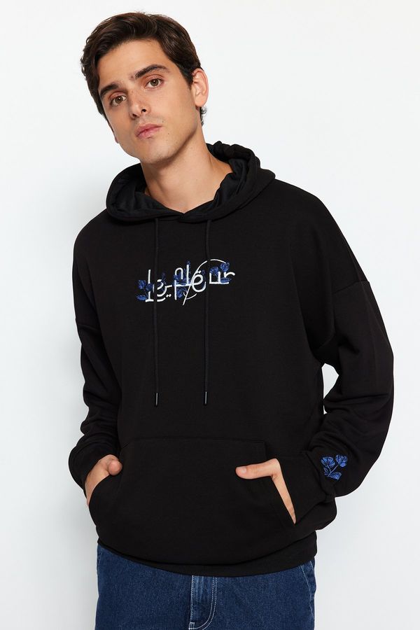 Trendyol Trendyol Black Oversize/Wide-Fit Letter Embroidered Hooded Sweatshirt